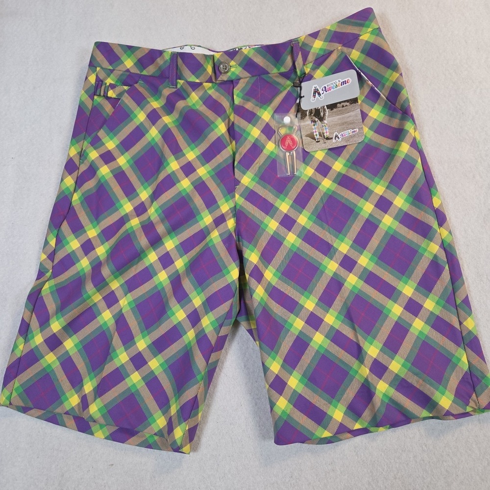 NWT Royal & Awesome Mardi Grass Tartan Loud Golf Shorts Stretch Mens 38